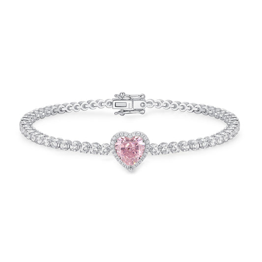 Sterling Silver 925°. Riviera With Heart CZ Bracelet