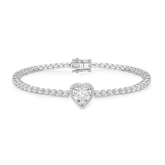 Sterling Silver 925°. Riviera With Heart CZ Bracelet